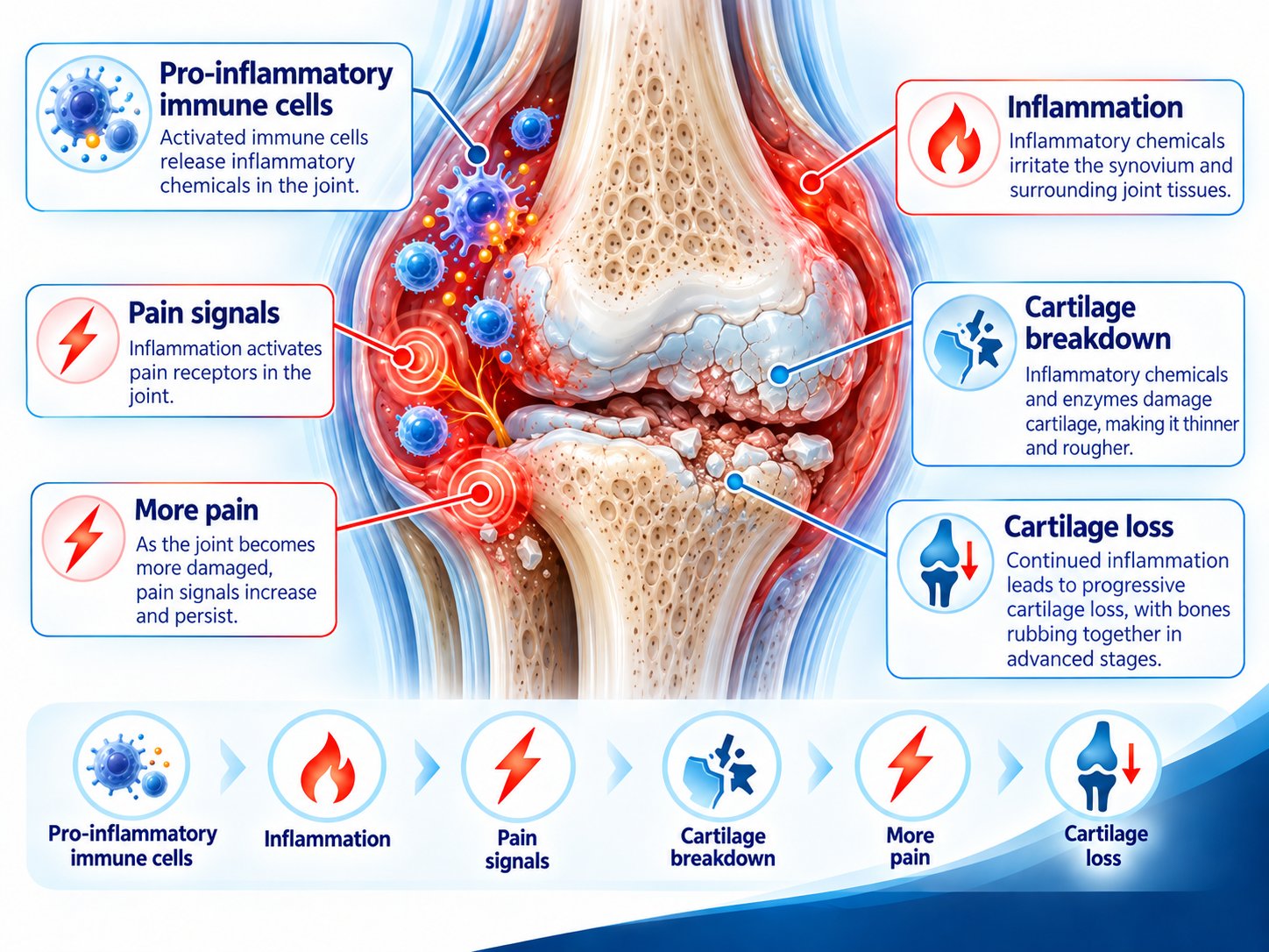 AI-generated image: Disease mechanisms — BMC therapy for osteoarthritis at ANOVA IRM, Germany: joint with cartilage, bone and synovium in osteoarthritis, with inflammation, cartilage breakdown and cartilage loss.