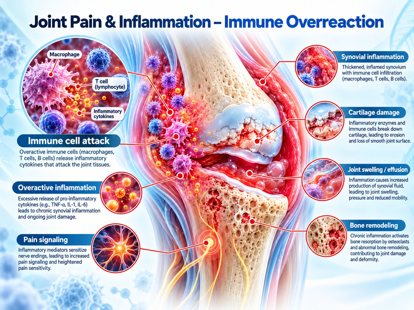 AI-generated image: Disease mechanisms — BMC therapy for joint and back pain at ANOVA IRM, Germany: an inflamed joint with immune cells, cartilage damage, joint swelling, bone remodelling and pain signalling.