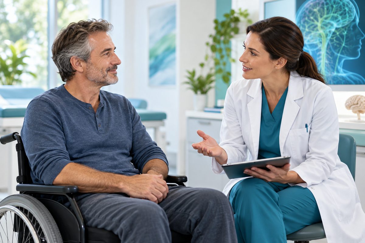 AI-generated image: a physician discusses treatment options with a man in a wheelchair during a consultation.