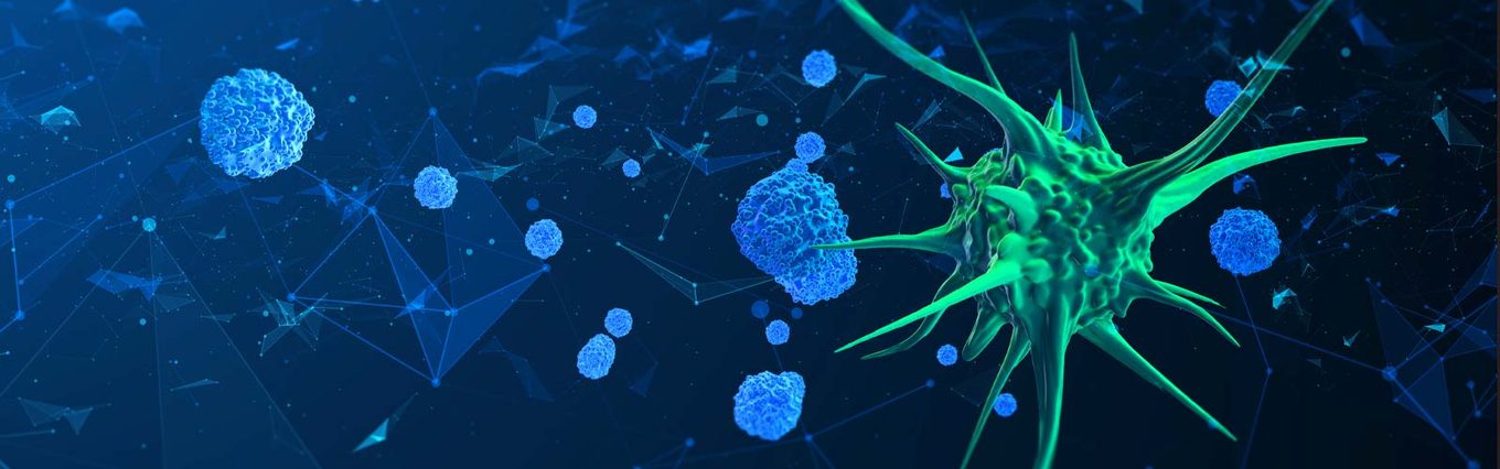 Immunzellen und eine aktivierte Zelle als Sinnbild für regenerative Zelltherapien bei ANOVA IRM